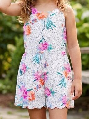 GB girls White Floral Scalloped Shorts‎ Romper Pink/Teal Accents Sz-16 NWT. FF17